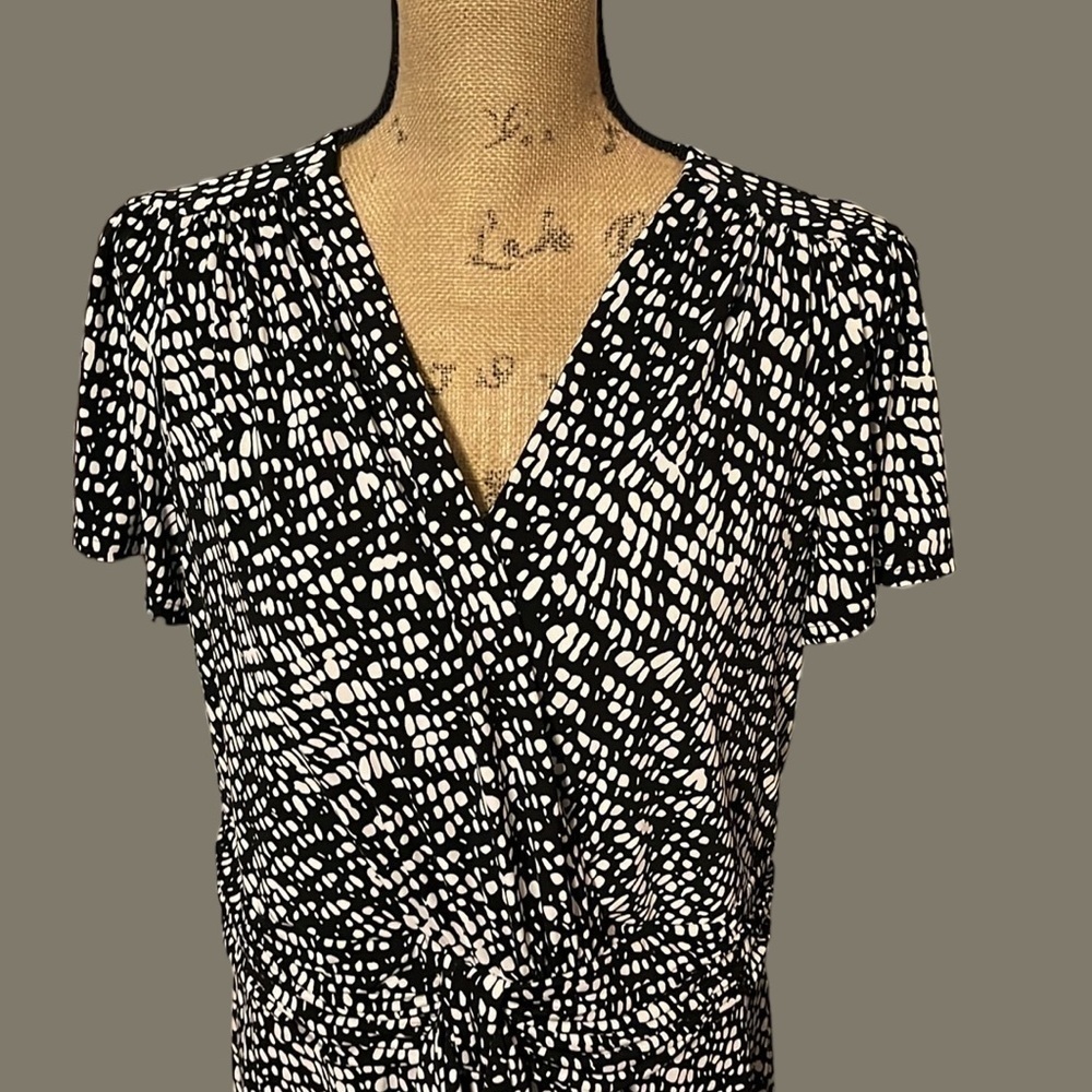Black and white polka dot CJ Banks faux wrap dress, lined with front tie. NWT. - Picture 2 of 8